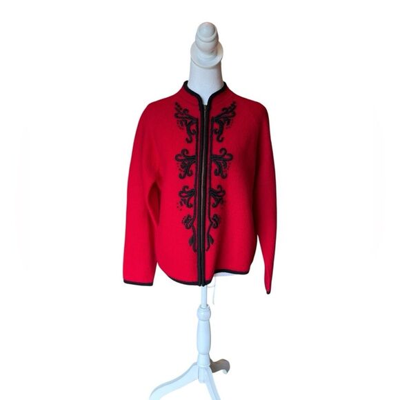 Karen Scott Vintage True Red Black Wool Zip Cardigan Sweater Womens Large - Picture 1 of 9